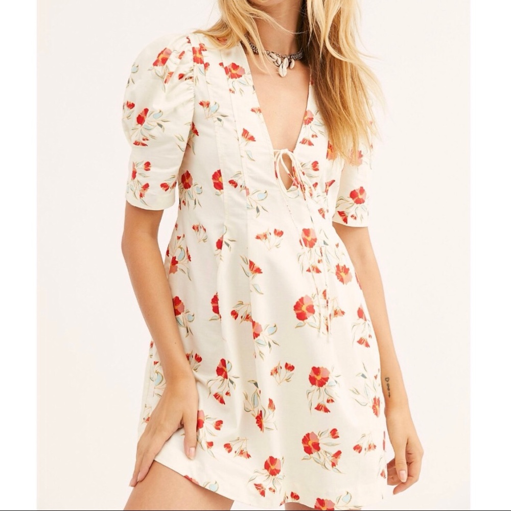 Free People Adelle White Red Floral Tunic Mini Dress